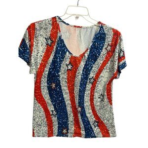Stars & Stripes Patriotic Graphic Tee Women's XL Red White Blue Americana